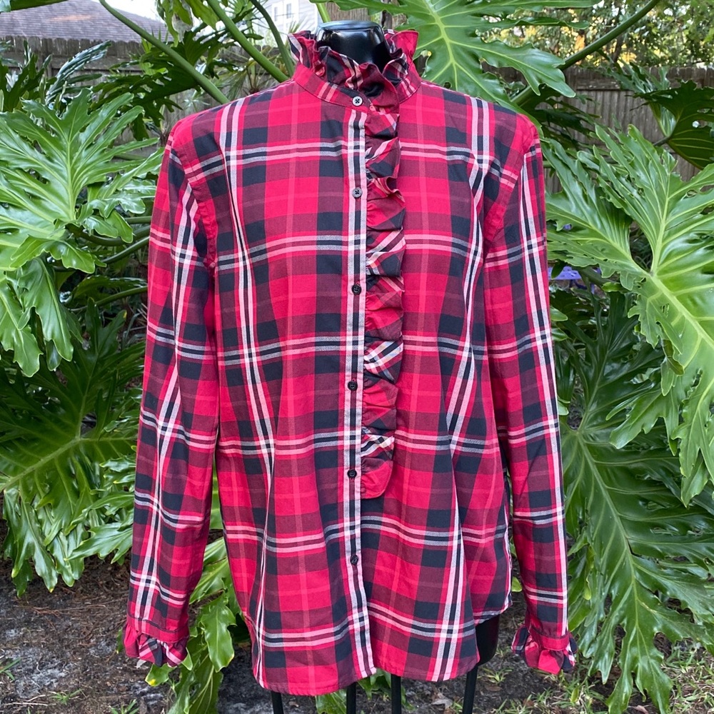 Chaps Denim Ruffled Red and Black Plaid Blouse Top
